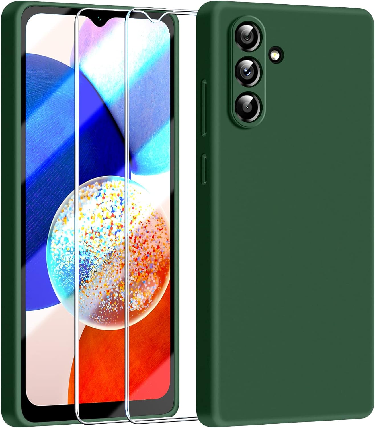 Dssairo 3 in 1 for Samsung Galaxy A14 5G case, with 2 Pack Screen Protector, Camera ProtectionLiquid Silicone Slim Shockproof Protective Phone Case 6.6 inch [Microfiber Lining] (Alpine Green)