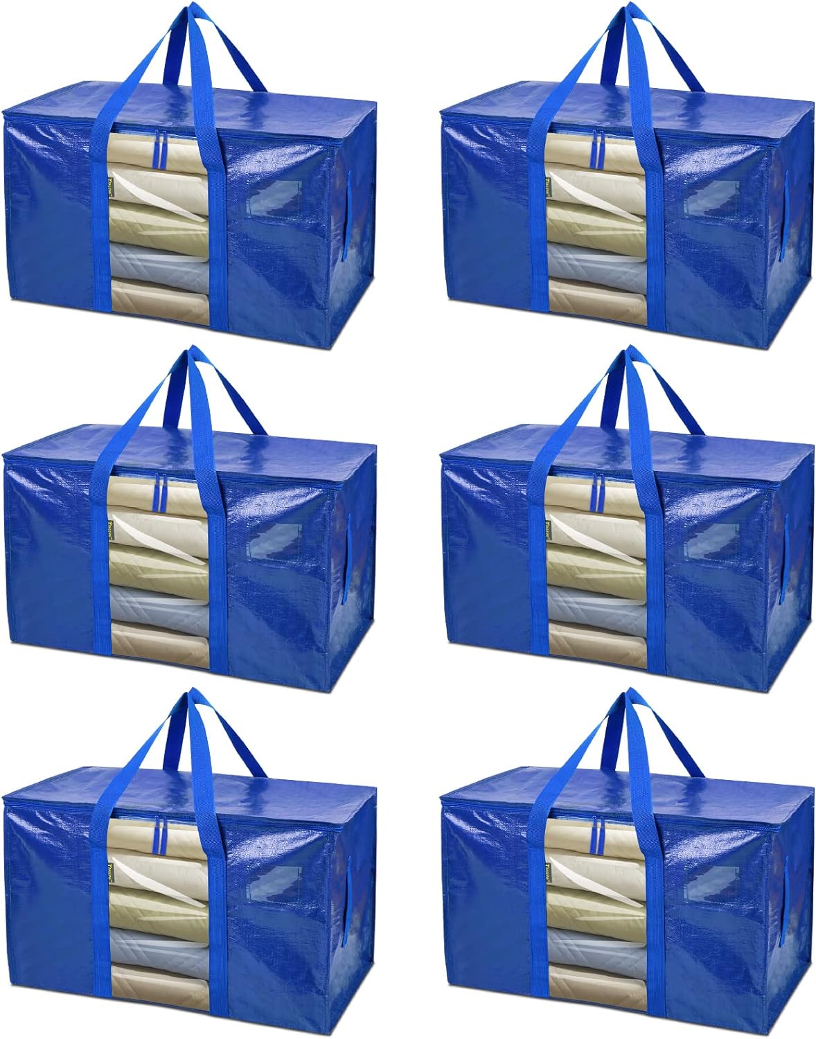 BALEINE 6-Pack Oversized Moving Bags with Reinforced Handles, Heavy-Duty Storage Tote Moving Supplies for Packaging, Camping (Blue w/Window, 6-Pack)