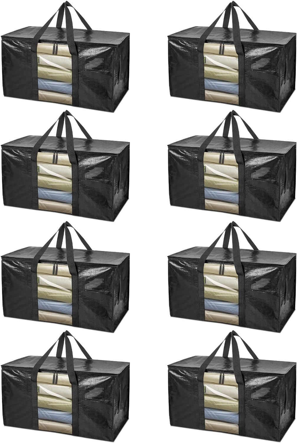 BALEINE 8-Pack Oversized Moving Bags with Reinforced Handles, Heavy-Duty Storage Tote Moving Supplies for Packaging, Camping (Black w/Window, 8-Pack)