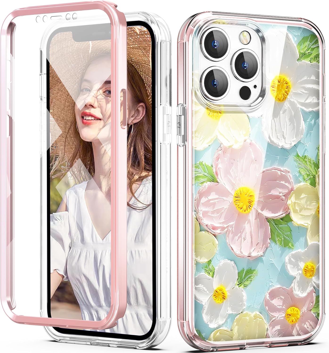 for iPhone 13 Pro Max Case 6.7, Cute Colorful Flower Pattern with Built-in Screen Protector, Full Body Protective, Hard PC & Soft TPU Floral Phone Case for Women Girls, Flower