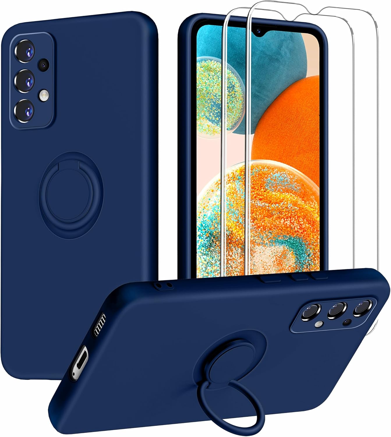 Dssairo for Samsung Galaxy A23 5G Phone Case, Ring Stand [360 Rotatable Ring Holder] with 2 Screen Protector, with Full Camera Cover Protection, Silicone Slim Protective Phone Case (Navy Blue)