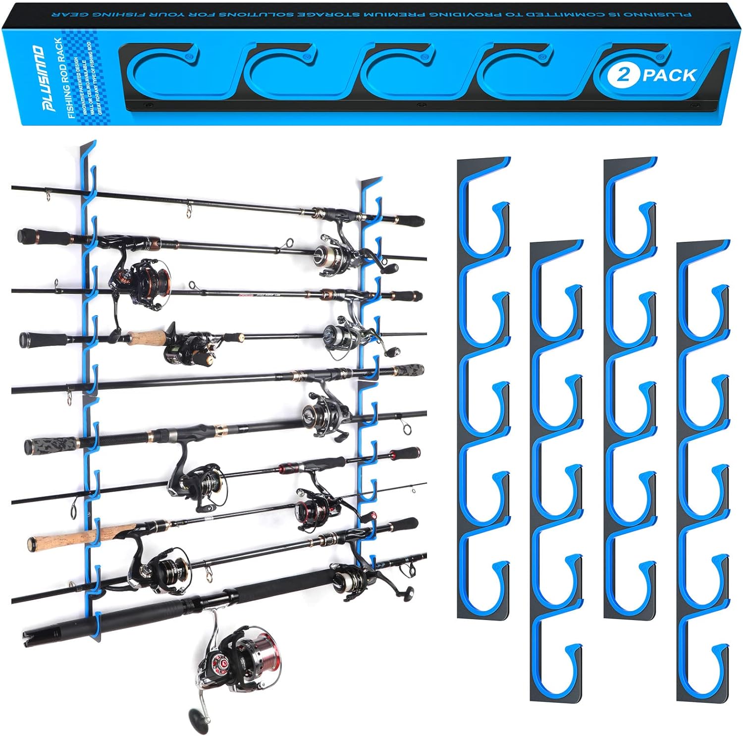 PLUSINNO H5 Horizontal Fishing Rod/Pole Holders for Garage, Wall or Ceiling Mounted Fishing Rod Rack, Aviation Aluminum Fishing Pole Holder Holds up to 5/10/20 Rod or Combos or Nets Storage Racks