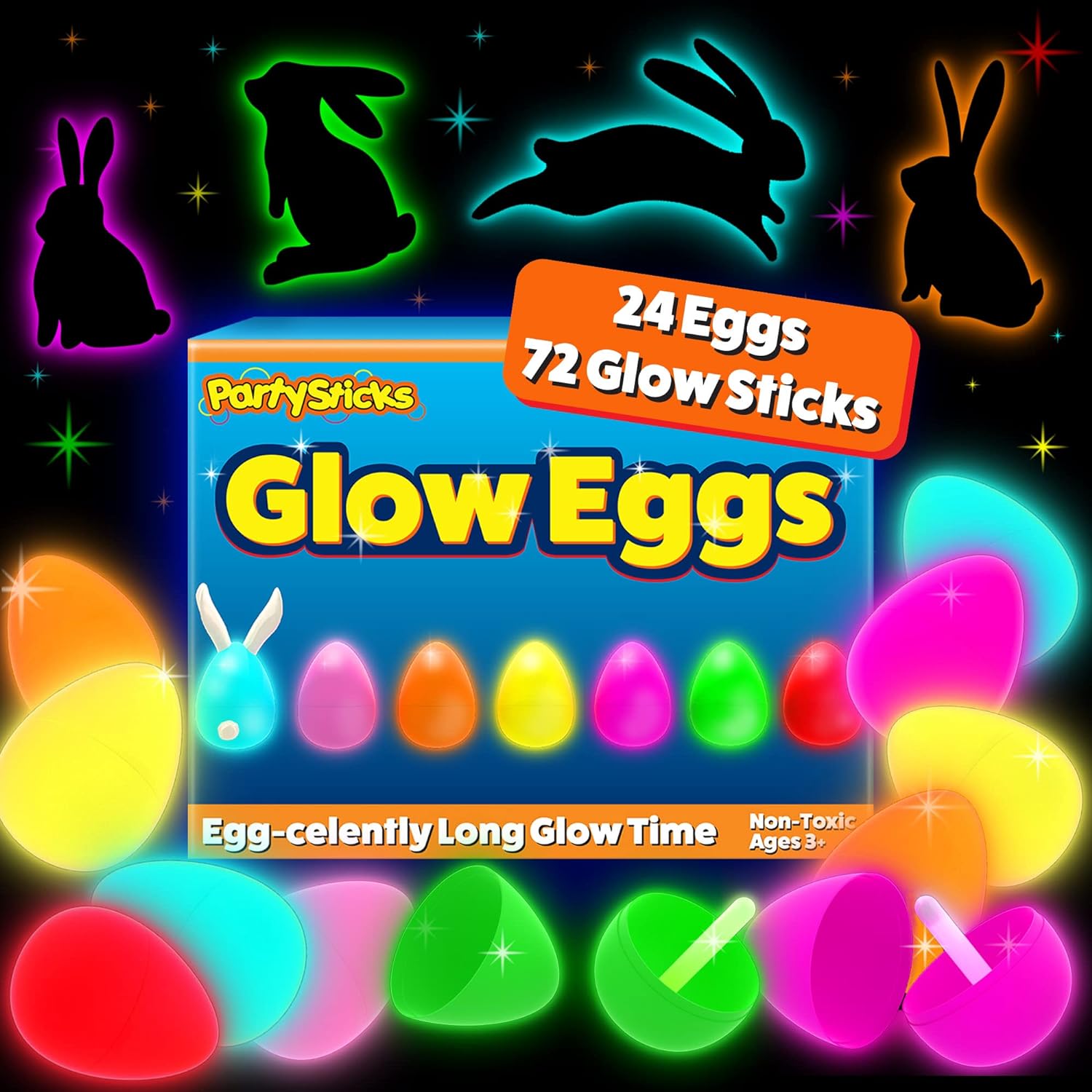 PartySticks 24 Easter Glow Eggs & 72 Mini Glow Sticks 96pcs Total, Glow-in-The-Dark Kids Teens Adults Easter Basket Stuffers Fillers Gift, Egg Hunt Game Bulk Party Favors, Boys Girls Classroom Prizes