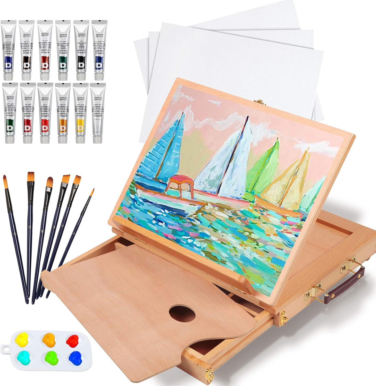 Falling in Art Tabletop Easel Set - 24 Pieces Starter Kit - Artist Acrylic Painting Kit with 12 Acrylic Paints Set, Canvas Panels, Brushes, Wooden Palette for Kids, Adults, Beginners, Professionals