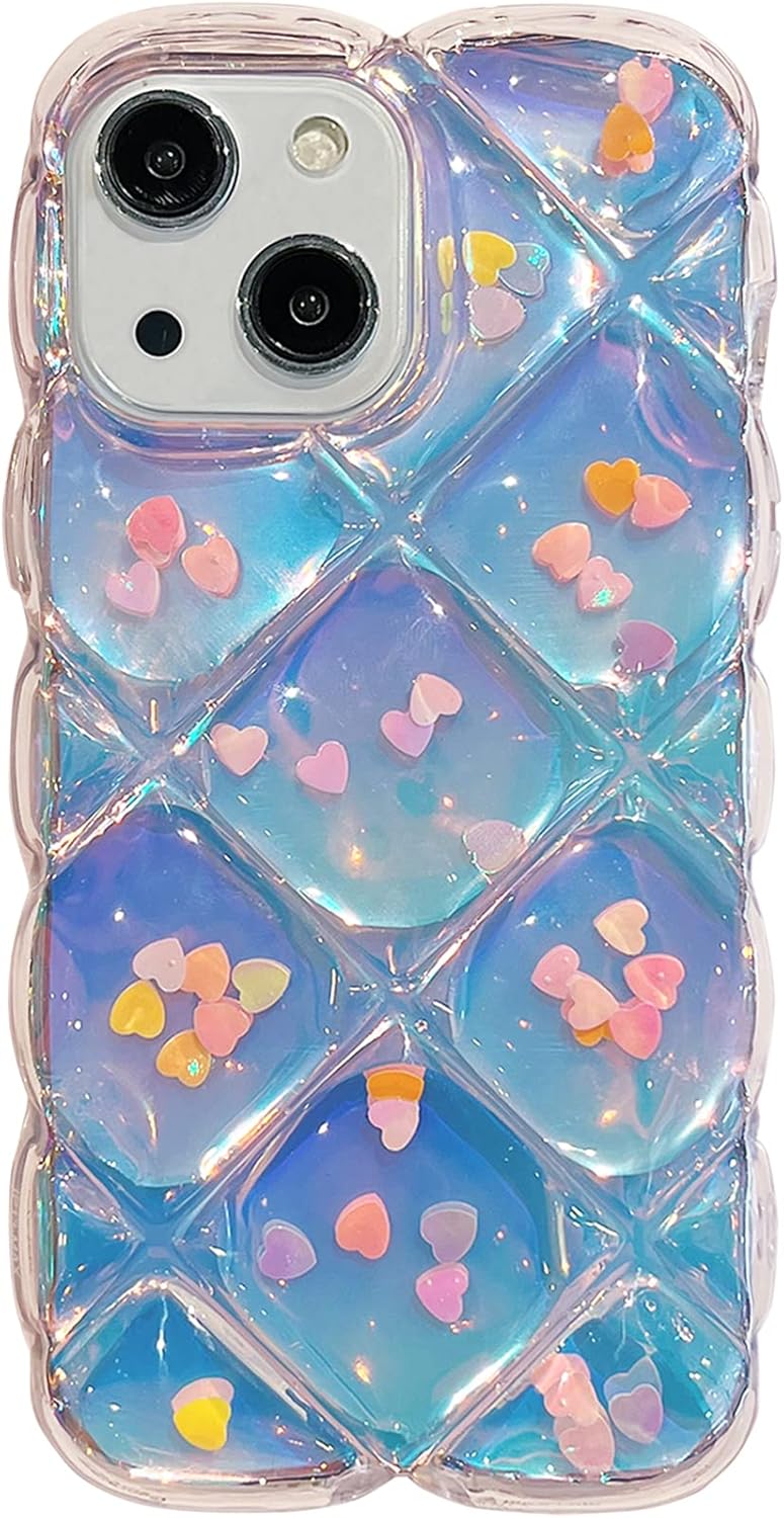 Qokey Compatible with iPhone 13 Case,Cute Laser Gradual Bling Love Heart Glitter Clear+Translucent Card Soft Wave Frame Anti-Falling 3D Thick Shockproof Phone Cover(for 13 6.1)