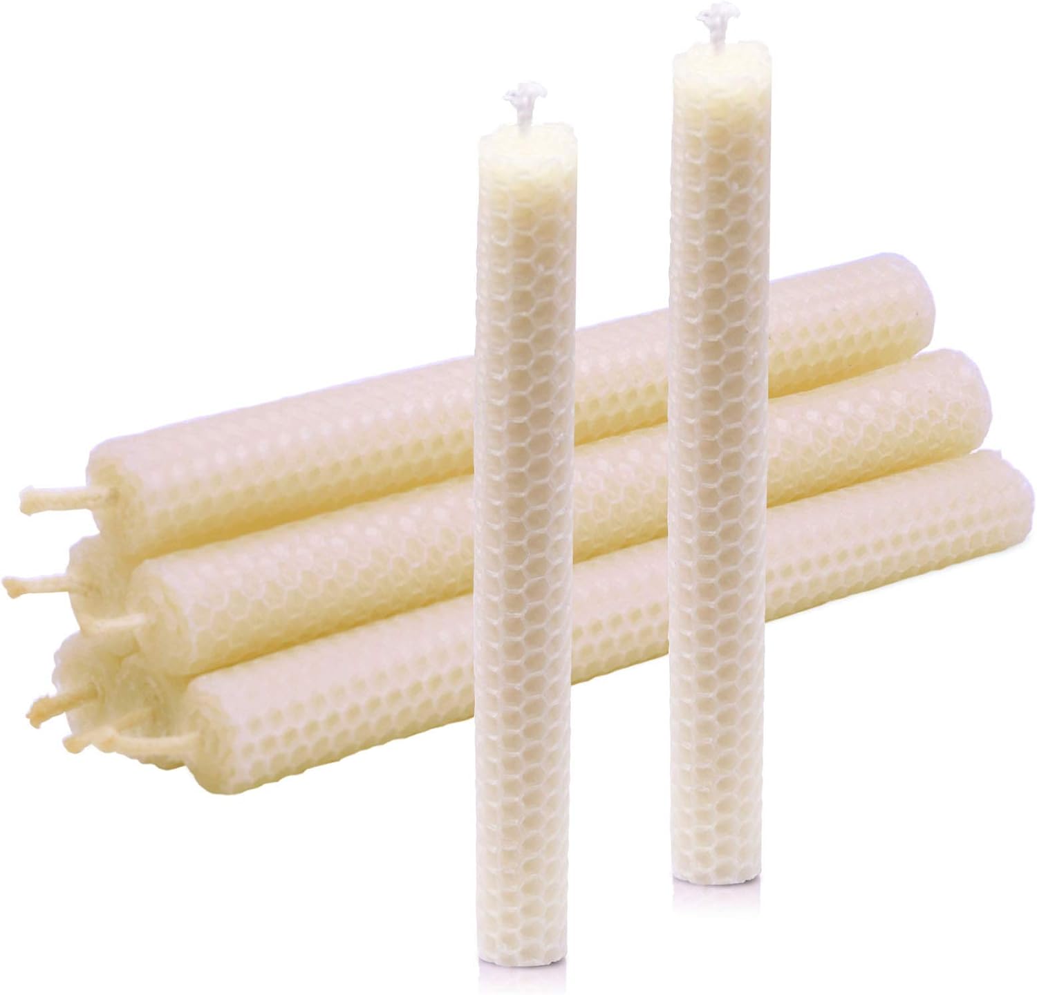 DEYBBY Natural Beeswax Taper Candles,8inch Dripless and Smokeless White Bee Wax,4Hour Burn Time Flat Top (Pack of 6)