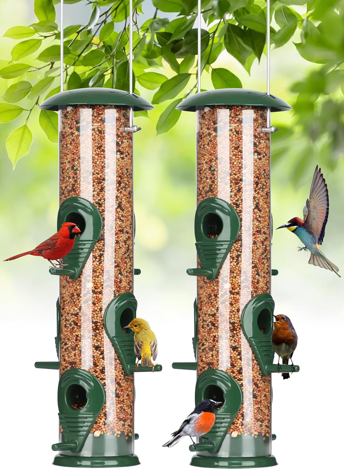 FEED GARDEN Metal Tube Bird Feeders for Outdoors Hanging, 2 Pack 6-Port Squirrel Proof Bird Feeders for Outside, Bird Feeders with Heavy Duty Metal Lid, Chew-Proof, 13 Inch Green