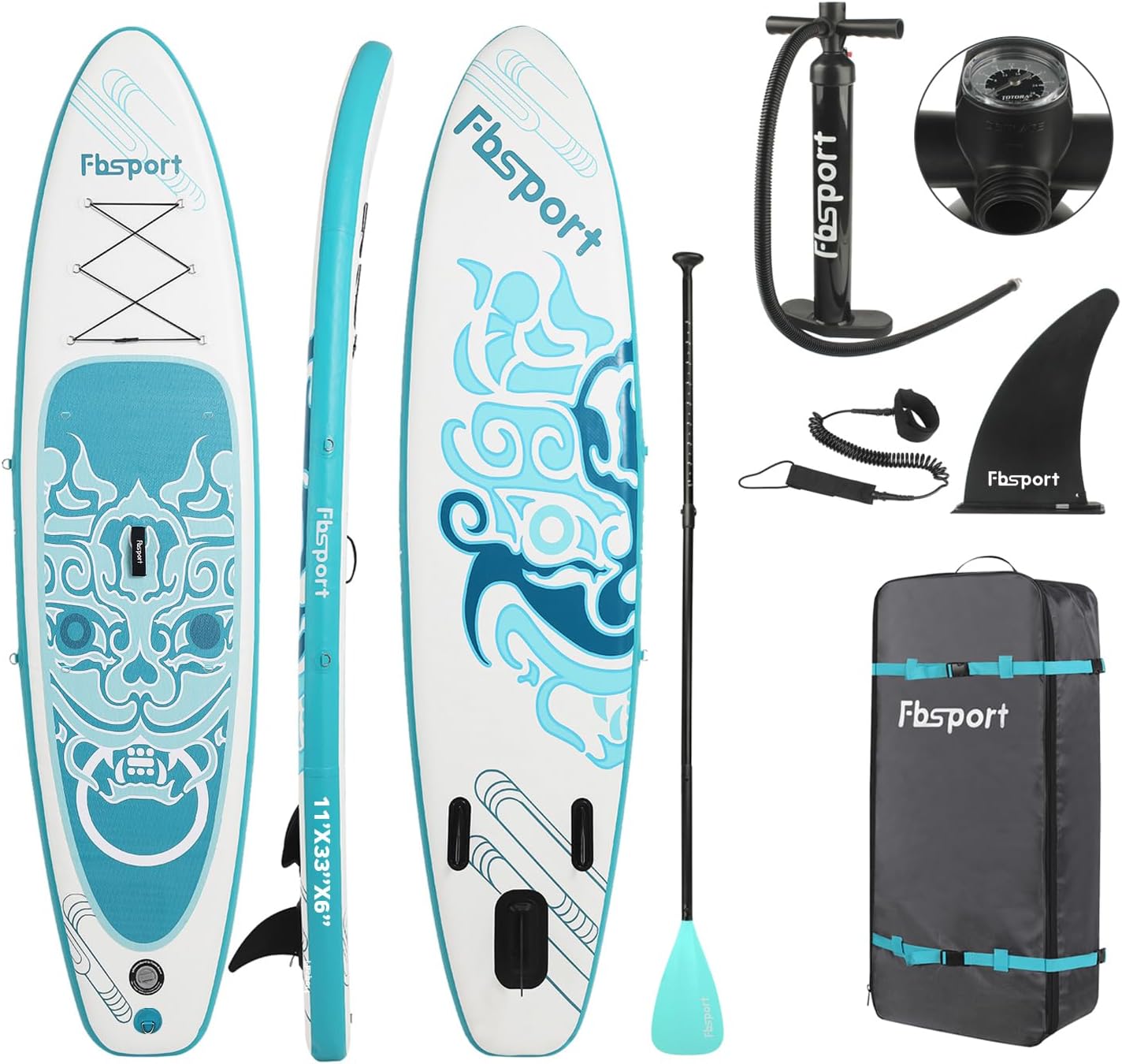 FBSPORT 11' Premium Stand Up Paddle Board, Yoga Board with Durable SUP Accessories & Carry Bag | Wide Stance, Surf Control, Non-Slip Deck, Leash, Paddle and Pump for Youth & Adult