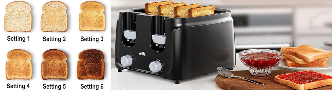 Willz 4-Slice Toaster, Extra Wide Slot with 6 Browning Levels, Compact Toaster for Bread, Removable Crumb Tray, Auto Shut-off & Easy Clean, Black