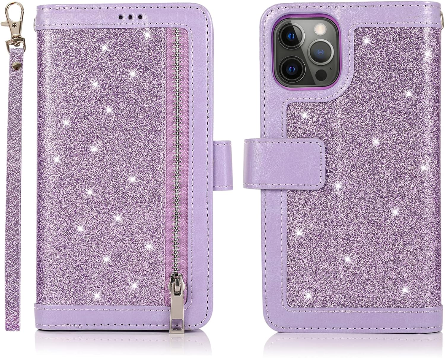 EYZUTAK Wallet Case for iPhone 13 Pro Max 6.7 inch, Magnetic Handbag Zipper Pocket PU Leather Flip with 9 Card Slots and Wrist Strap Folio TPU Inner Stand Case - Purple