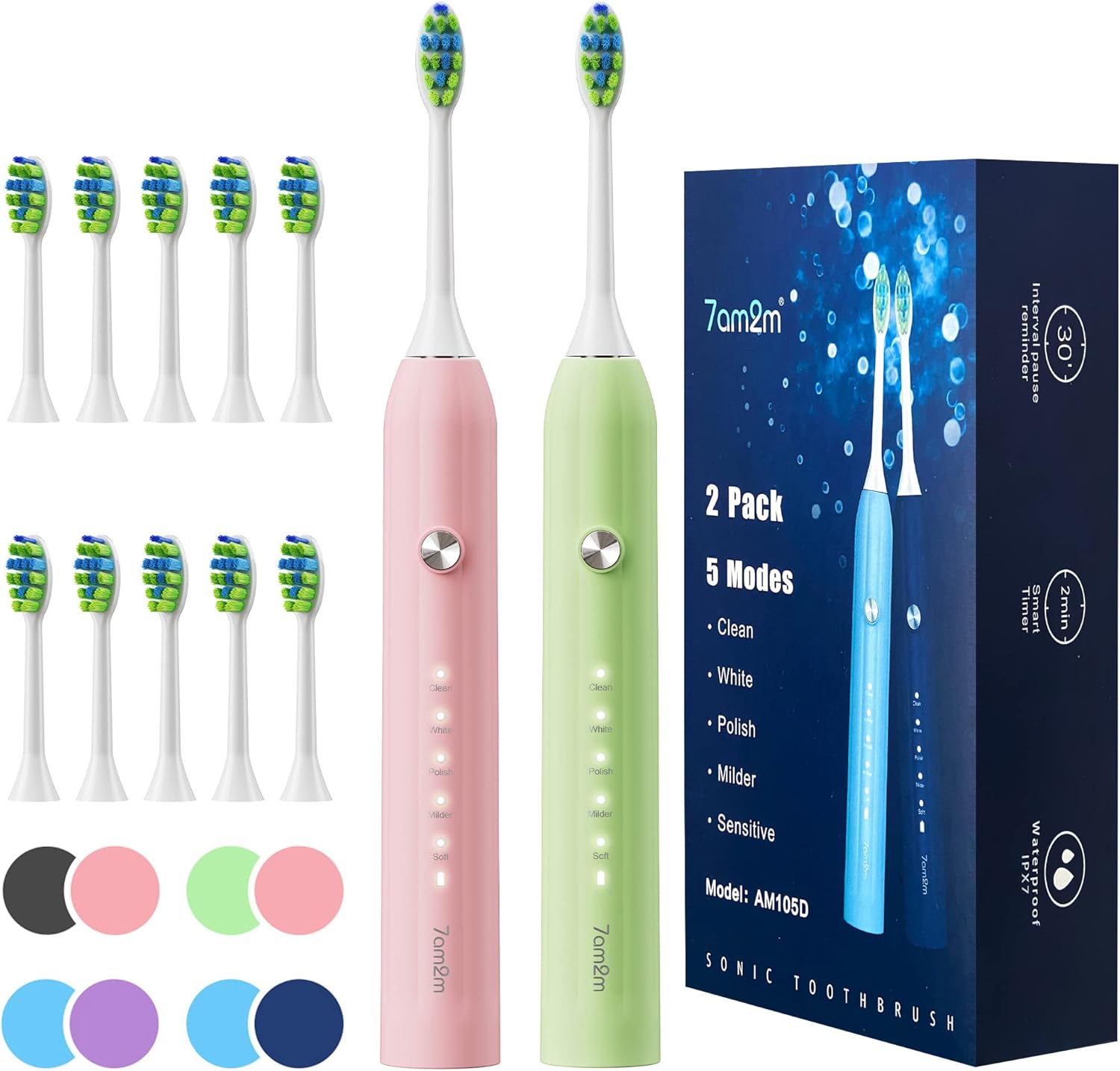 7AM2M Rechargeable Sonic Electric Toothbrush 2 Pack, Soft Toothbrushes for Adults and Kids with 12 Brush Heads, IPX7 One Charge Use for 60 Days, 5 Modes with 2 Minutes Build in Smart Timer