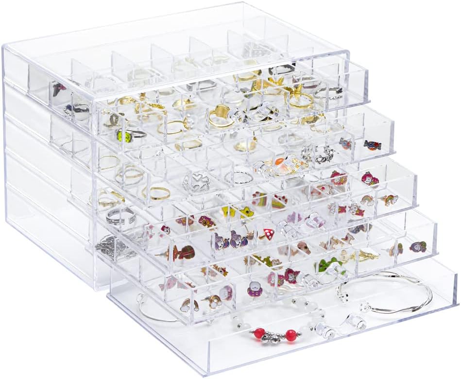 Acrylic Earring Storage Box, Jewelry Storage Holder Transparent Small Compartment Jewelry Display Stand with 5 Drawers for Earring Necklace Rings Bracelet