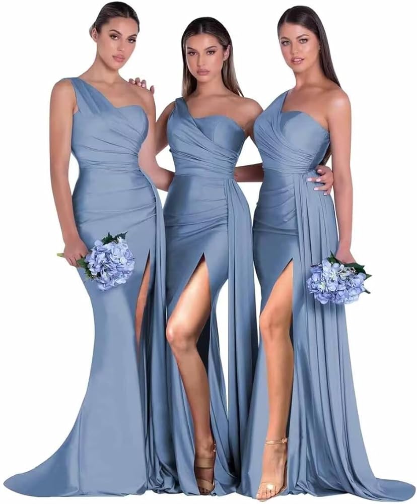 One Shoulder Bridesmaid Dresses Mermaid Bodycon Prom Dress Split Ruched Formal Dress for Wedding