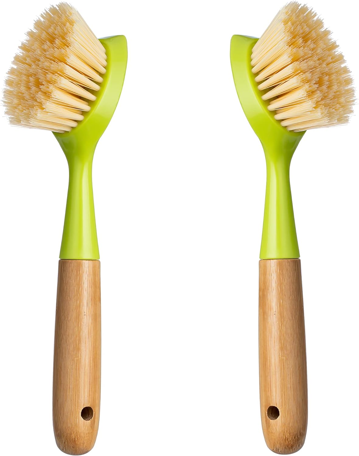 2 Pack Kitchen Dish Brush Bamboo Handle Dish Scrubber Built-in Scraper, Scrub Brush for Pans, Pots, Kitchen Sink Cleaning, Dishwashing and Cleaning Brushes are Perfect Cleaning Tools, Color-Green