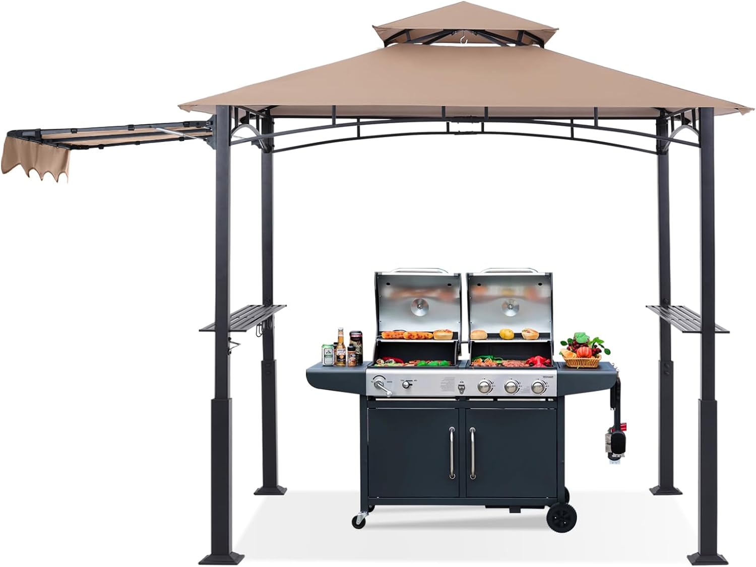 ABCCANOPY Grill Gazebo with Extra Awning - 5'x11' Outdoor Grill Canopy BBQ Gazebo Barbecue Canopy with LED Lights for Backyard, Lawn and Patio (Khaki)