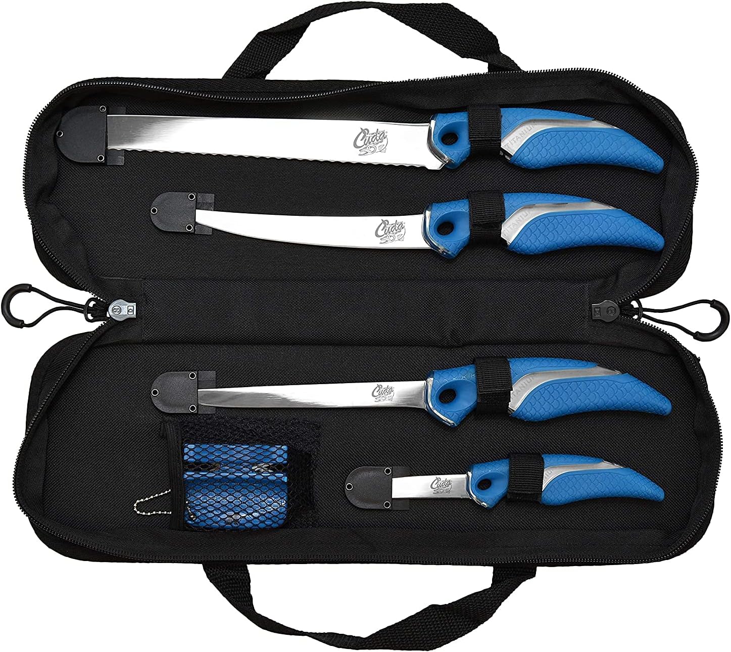 CUDA 6 Piece Knife & Sharpener Set 4 Knives with Corrosion-Resistant Stainless Steel Blade & Non-Slip Grips, 2-in-1 Knife Sharpener & Ballistic Nylon Carry/Storage Case Included