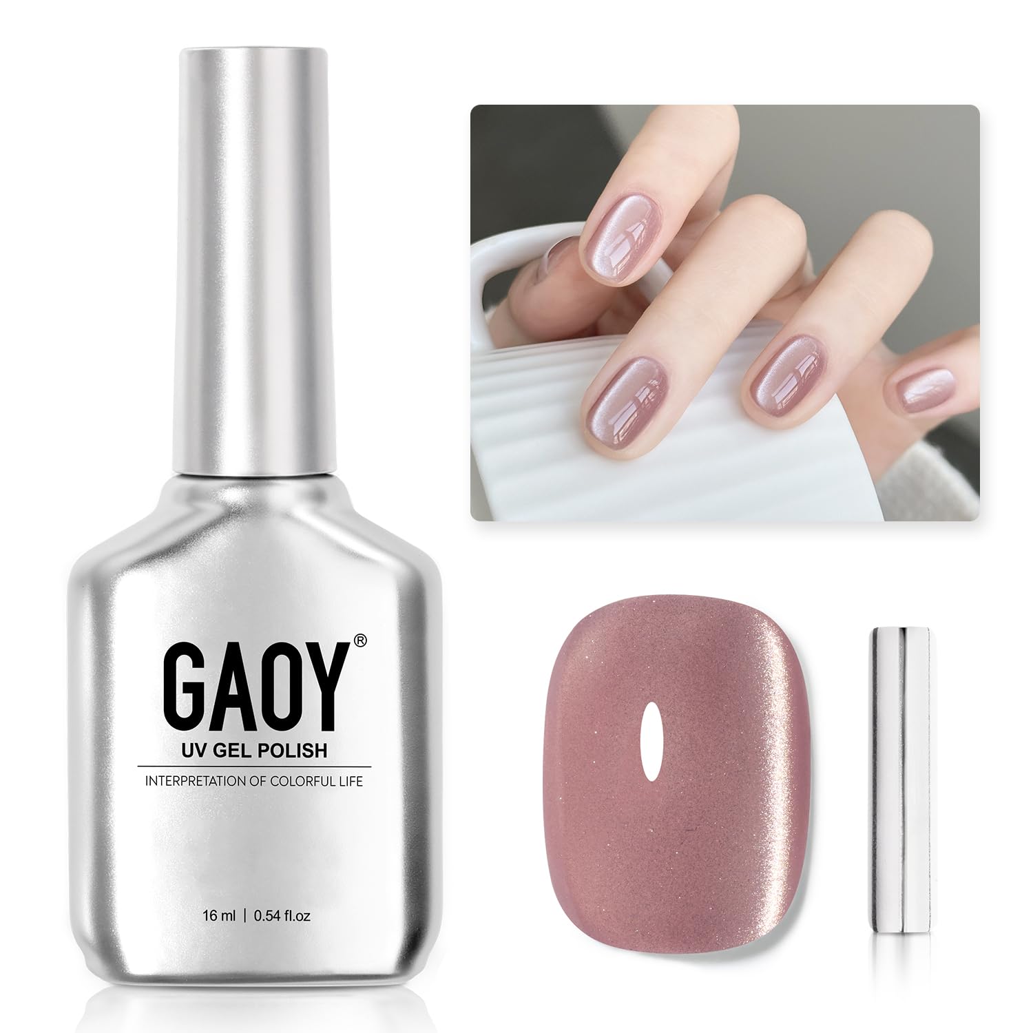 GAOY Glassy Cat Eye Gel Nail Polish, 16ml Glitter Holographic Nail Polish with Magnet, Reflective Translucent UV Gel, 2063 Mist Pink