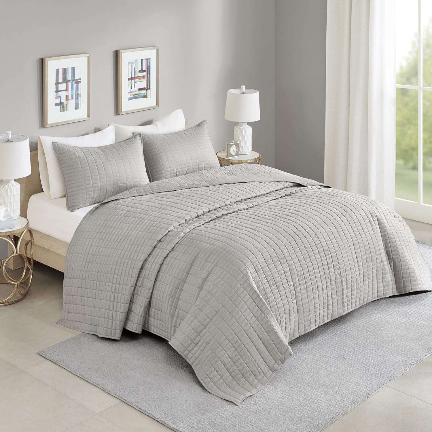 Comfort Spaces King Quilt-All Season Bedding, Gray Bedspread With Double Sided Stitching Design, Soft Summer Blanket Matching Shams Coverlet Kienna Collection (120x118) 3 Piece