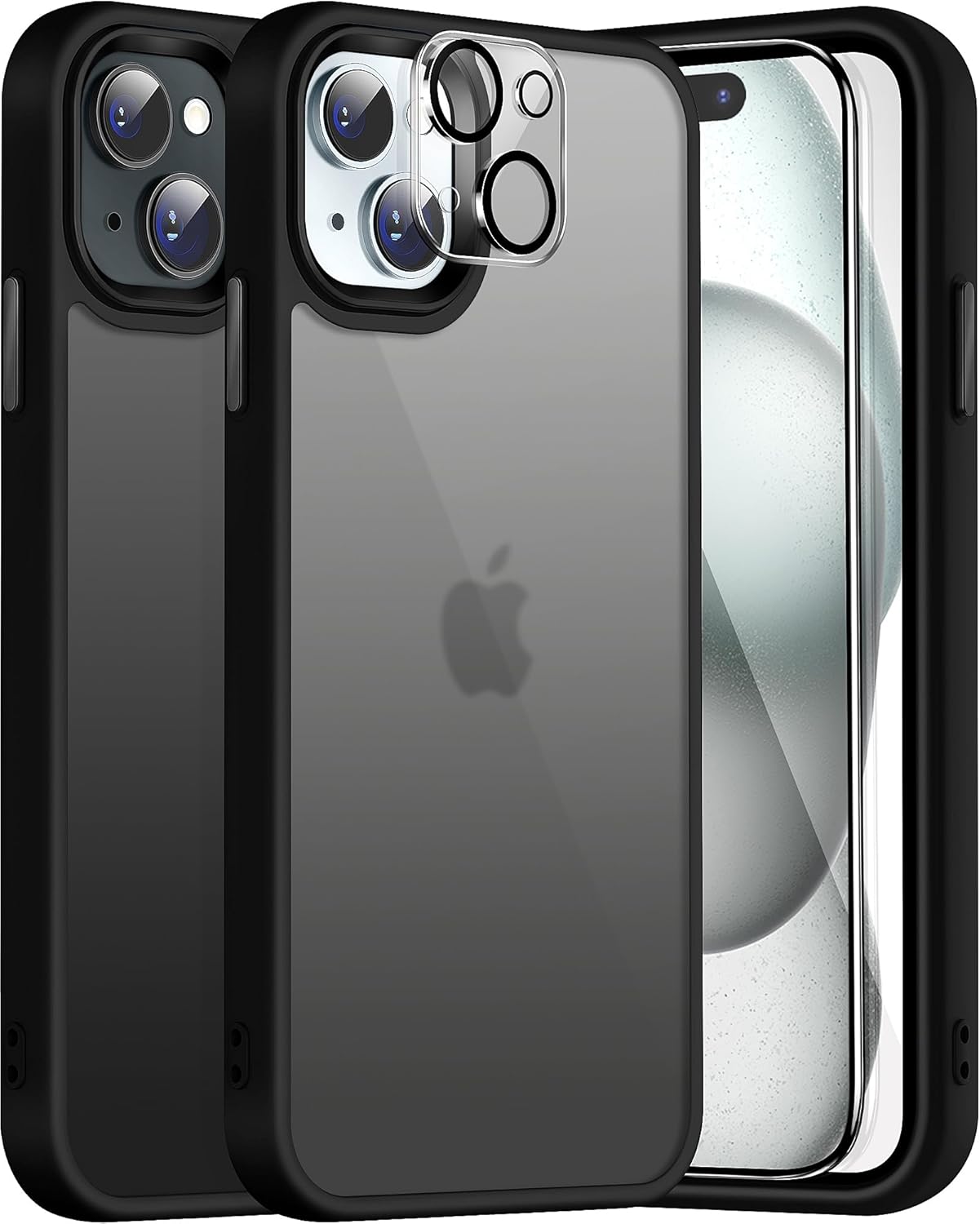 Dssairo 5 in 1 for iPhone 15 Case, with 2X Screen Protectors + 2X Camera Lens Protectors, [15FT Military Grade Protection] Anti-Fingerprints Anti-Scratch Translucent Matte Back (Black)