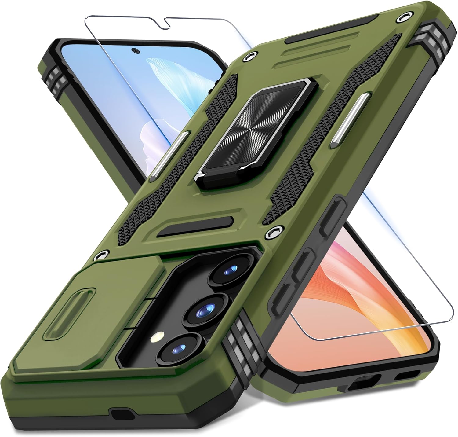 DEERLAMN Case for Samsung Galaxy S24 with Slide Camera Cover+Screen Protector (1 Pack), Rotated Ring Kickstand Military Grade Shockproof Protective Cover-Olive Green