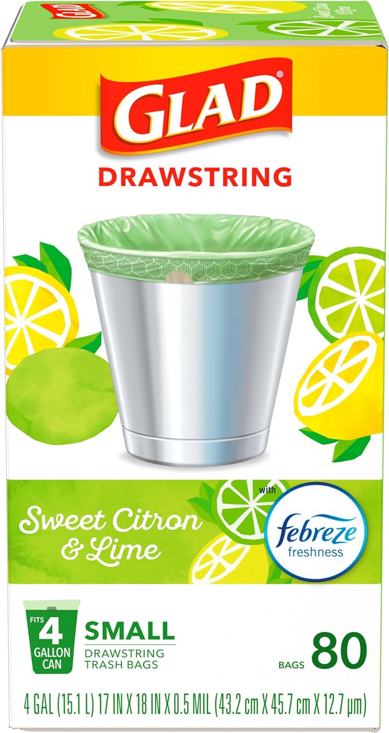 Glad OdorShield Small Drawstring Trash Bags,Sweet Citron & Lime, 4 Gal, 80 Ct (Package May Vary)