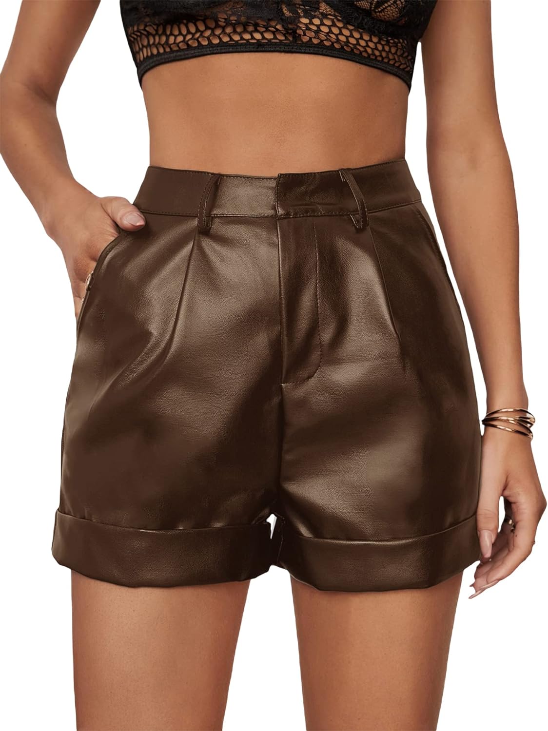 WDIRARA Women' High Waisted PU Leather Shorts Roll Hem Shorts with Pockets