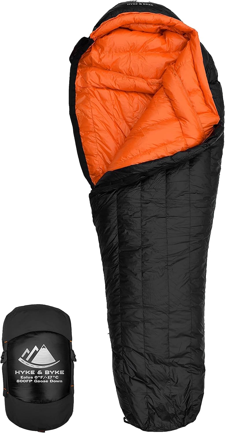 Hyke & Byke Eolus 0F Cold Weather Mummy Hiking & Backpacking Sleeping Bag - Goose Down 800 FP 4 Season Sleeping Bags for Adults - Ultralight with Compression Stuff Sack