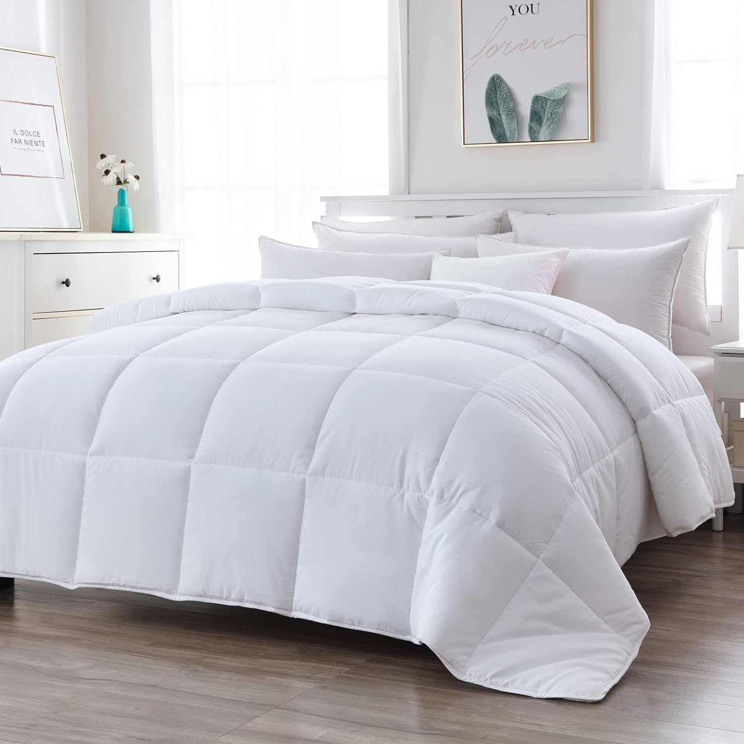 DWR Down Alternative Comforter King | Bamboo Viscose Blend Microfiber Duvet Insert | Ultra-Soft Plush 250GSM Medium Warm Quilted All-Season Comforter Insert with Tabs (104x88, White)