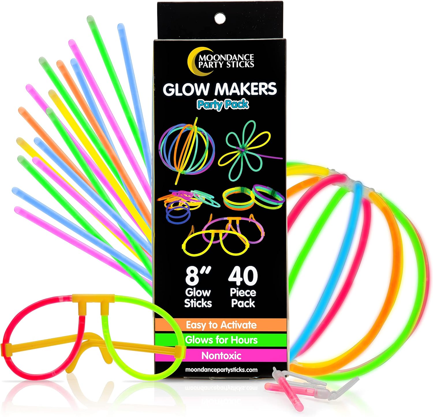 PartySticks Moondance Glow Sticks and Connectors - 40pk Glow in The Dark Party Favors with 16 Glow Sticks Party Decorations and 24 Connectors for Light Up Glasses, Glow Necklaces, Glow Bracelets