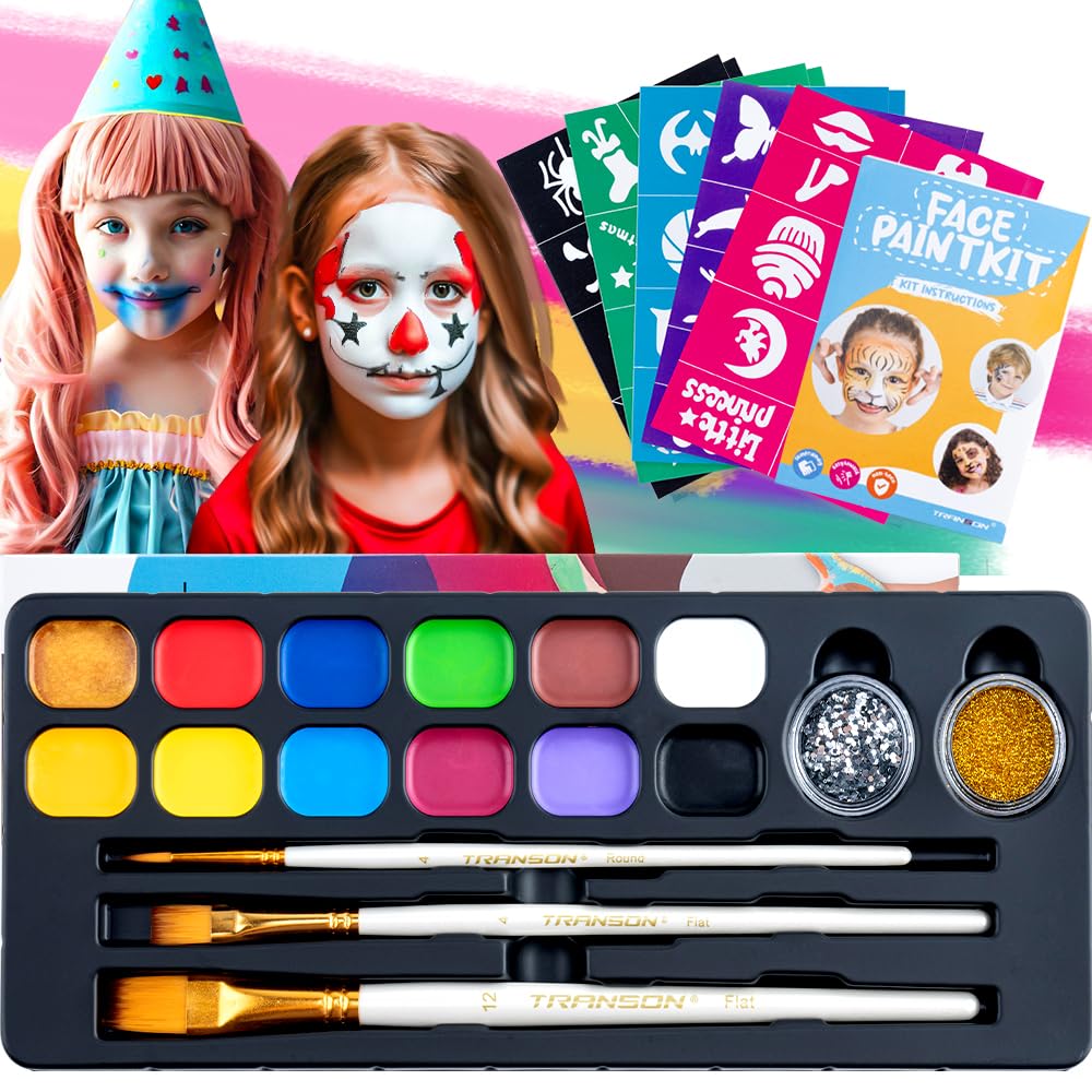 Transon 12colors Face Painting Kit for Kids Adults Non-toxic Water-based Paint with Brushes Stencils and Glitters