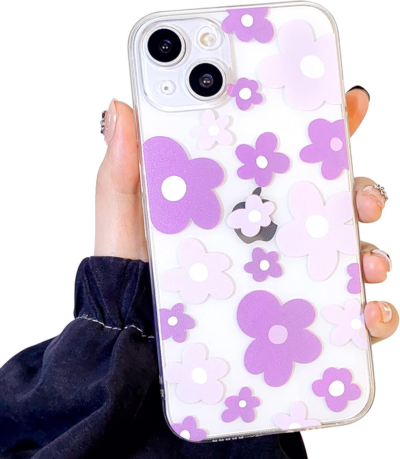 Compatible for iPhone 14 Case Cute Clear Flower Floral Color Design for Girls Women Soft TPU Shockproof Protective Girly for iPhone 14-Purple Flower