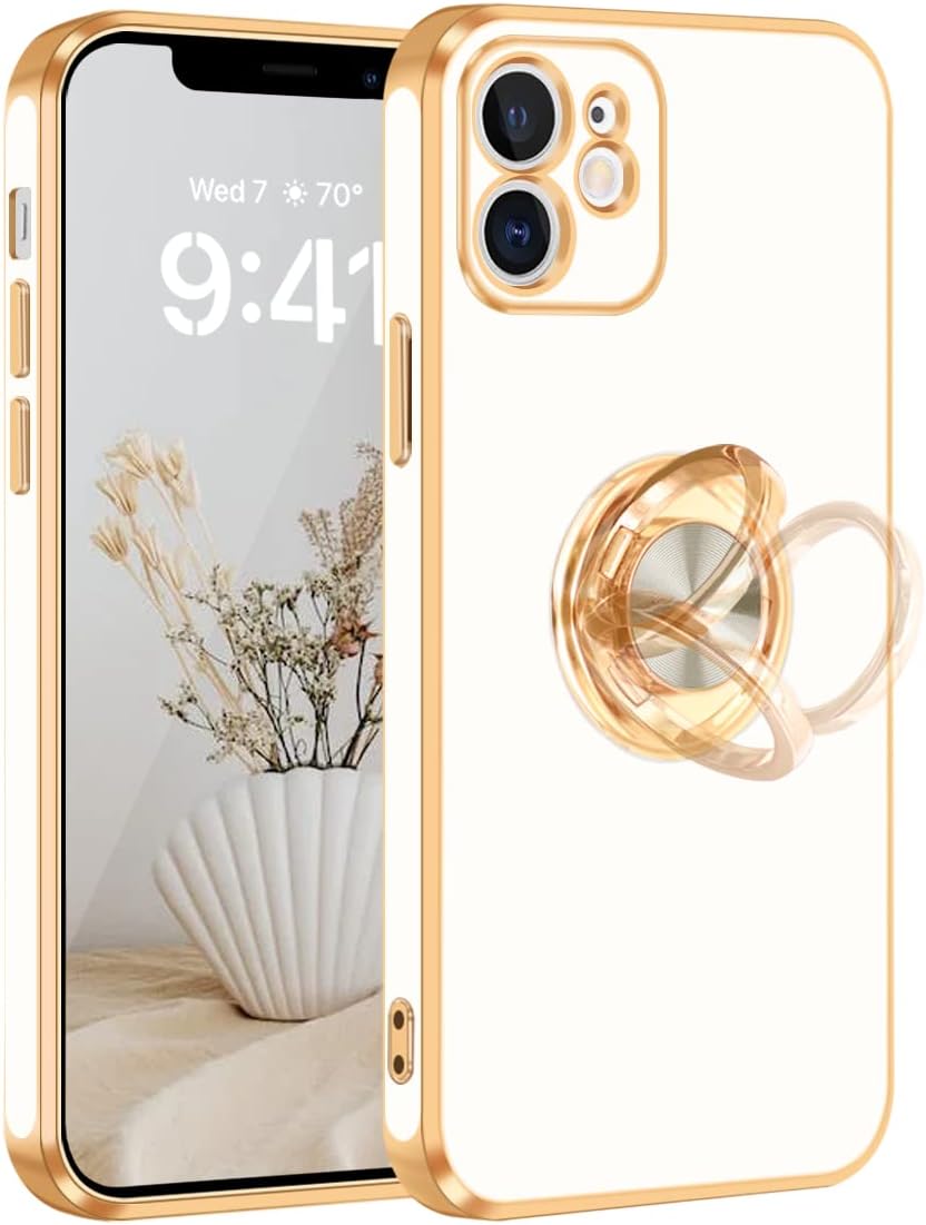 Fingic iPhone 12 Case with 360 Rotatable Ring Holder Magnetic Kickstand, Shiny Plating Gold Edge, Slim Soft TPU Shockproof Protective Cover for Women, Men, White