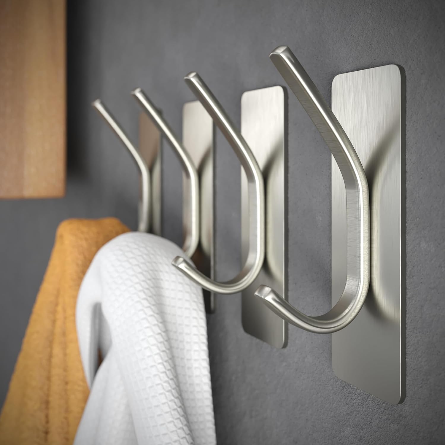 GLUIT Adhesive Towel Hooks for Bathroom Wall Hooks for Hanging Heavy Duty Coat Rack Sticky Hanger for Door Holder Durable Stainless Steel Silver- 4 Pack