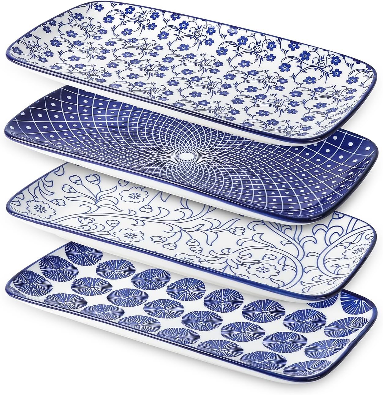 Selamica Ceramic Rectangular Serving Platters Set of 4, 12 Inch Serving Trays/Dishes for Party Entertaining, Rectangular Dinner Plates for Appetizer Salad Dessert Sushi, Gift, Vintage Blue