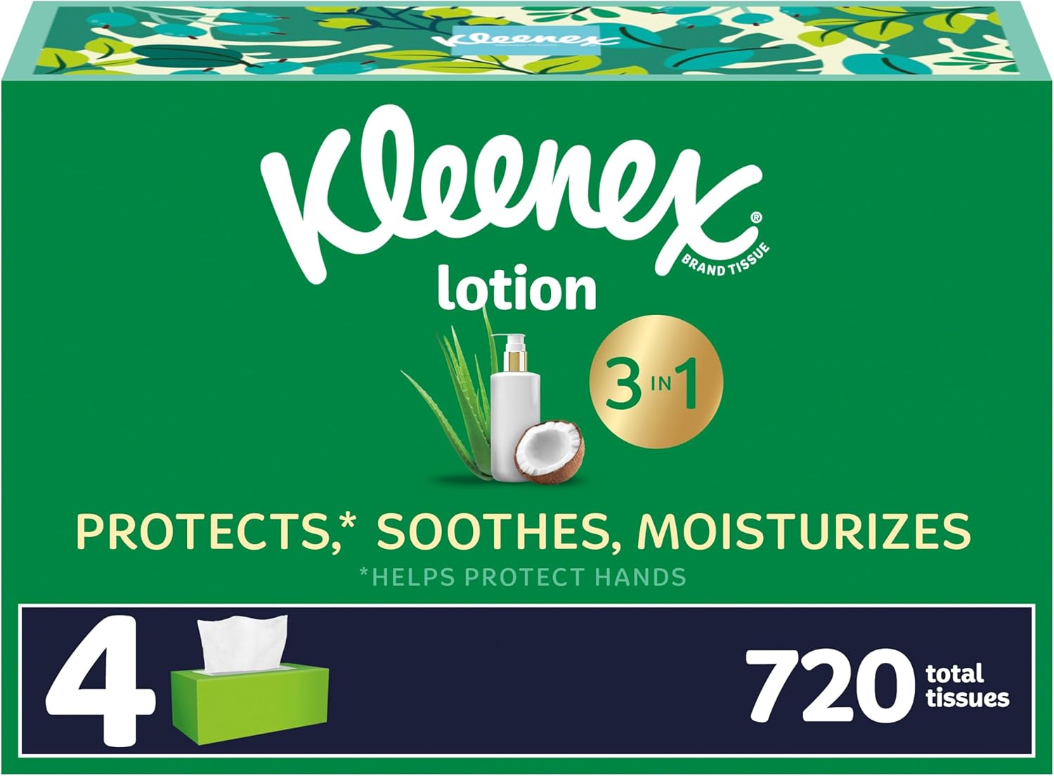 Kleenex Lotion Facial Tissues with Coconut Oil, 4 Flat Boxes, 180 Tissues Per Box, 3-Ply