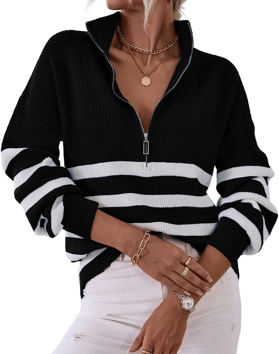 BTFBM Women 2024 Casual Long Sleeve Zip Striped Pullover Sweaters V Neck Collar Ribbed Knit Fall Winter Slouchy Jumpers