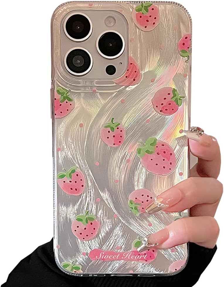 for iPhone 15 Case Cute Bling Pink Strawberry Twinkle Glitter Y2K Kawaii Lovely Girly Aesthetic Personalized Design for Women Girls Teens TPU Case, 6.1, Silver White