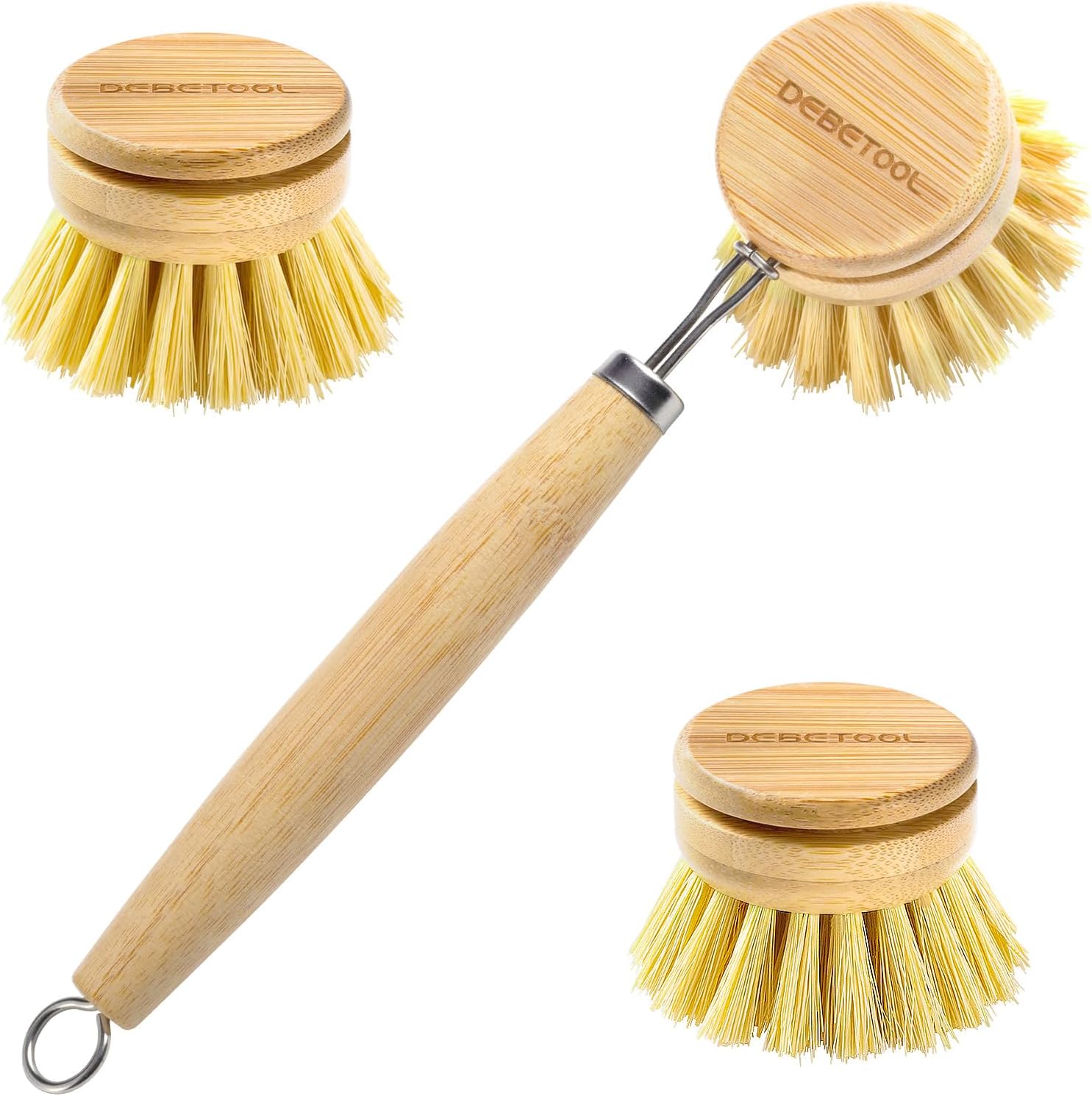 Bamboo Pot Dish Brush,3 Pack Natural Wooden Scrub Brush with Sisal Fiber,Suitable for Dishes,Pans,Pot and Other Utensils-Sustainable,Kitchen Cleaning Brush with 2 Replacement Brush Heads