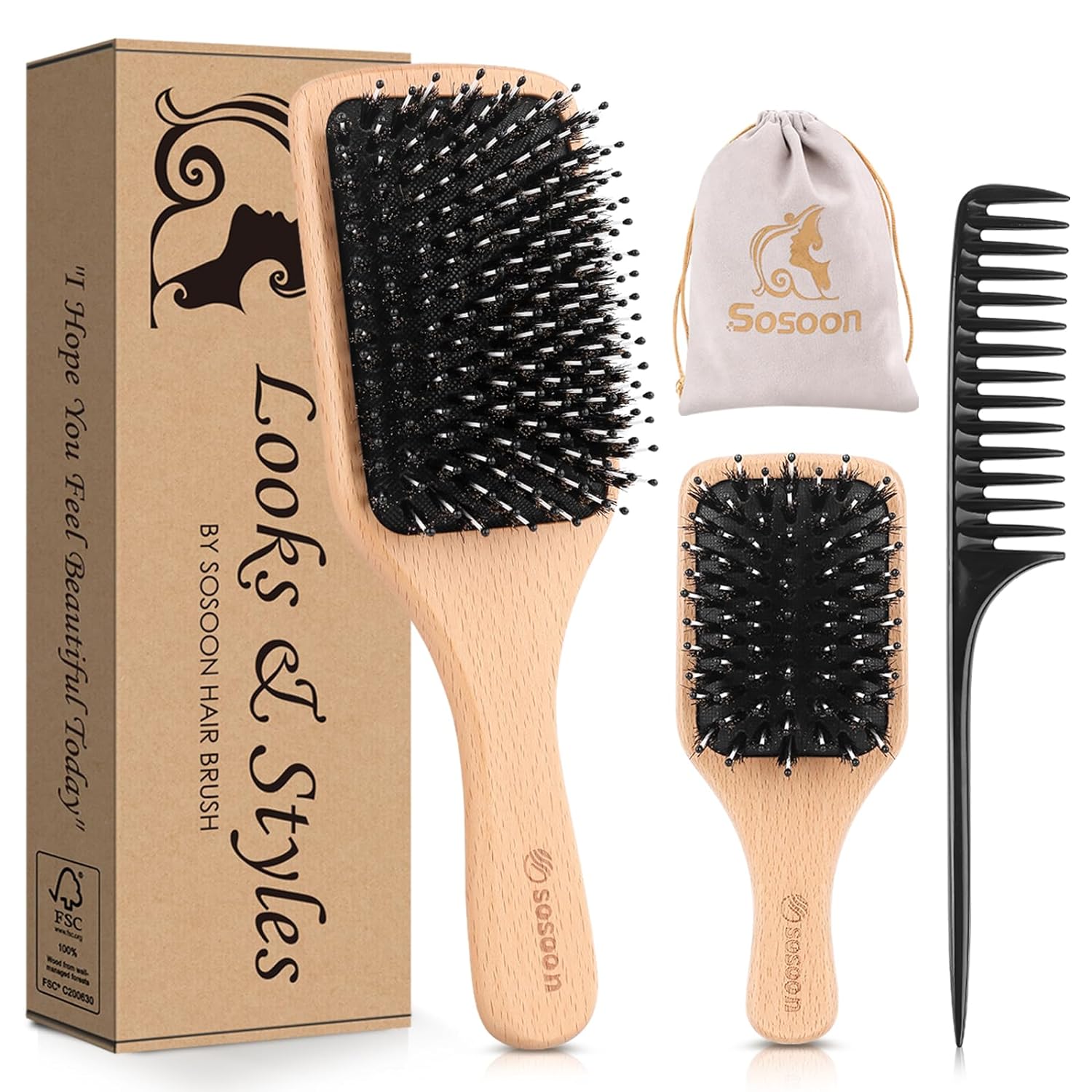 Hair Brush, 2 Pack Boar Bristle Paddle Hairbrush for Women Men Kids Reducing Frizzy, No More Tangle, Small Travel Brush Tail Comb & Giftbox Included