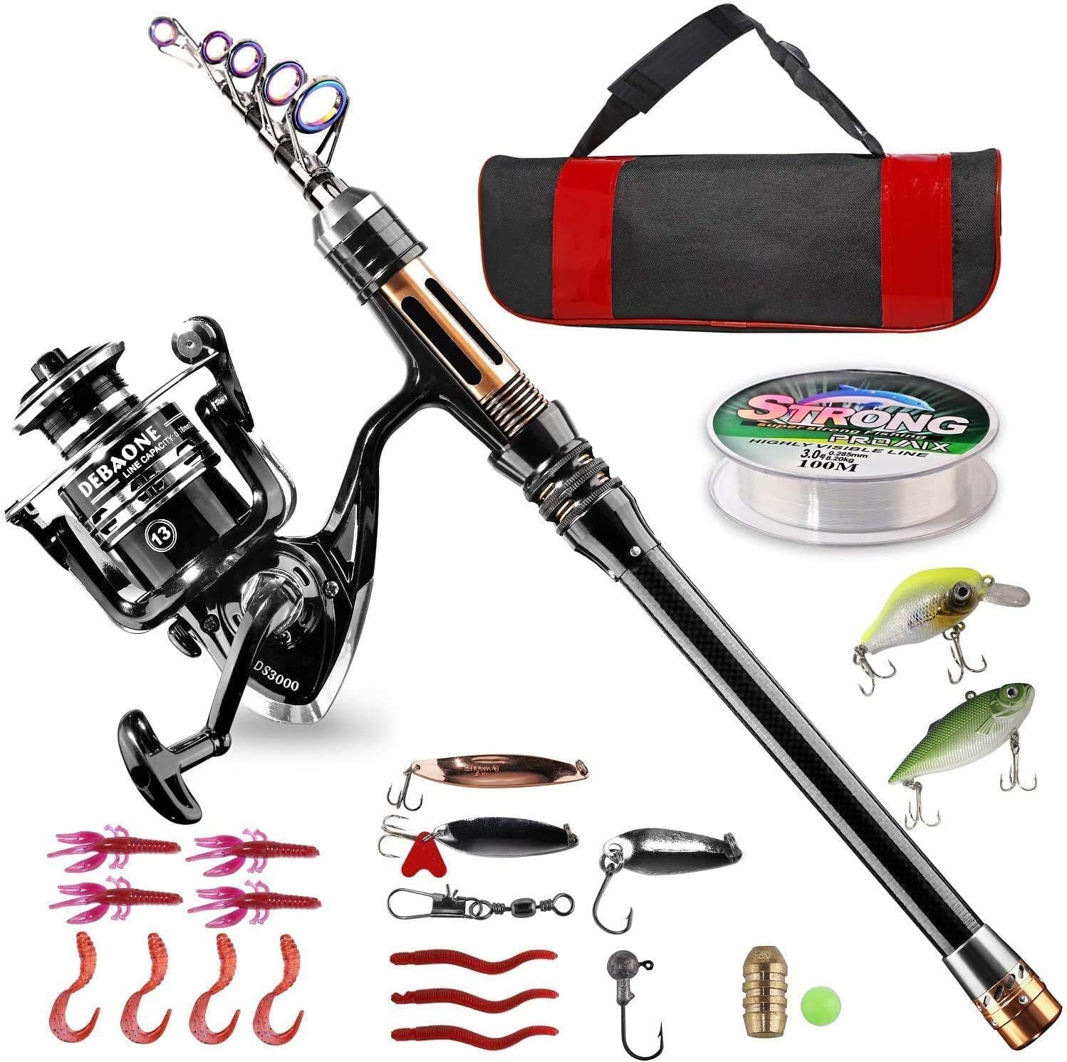 Fishing Rod Kit, Carbon Fiber Telescopic Fishing Pole and Reel Combo with Spinning Reel, Line, Lure, Hooks and Carrier Bag, Fishing Gear Set for Beginner Adults Saltwater Freshwater