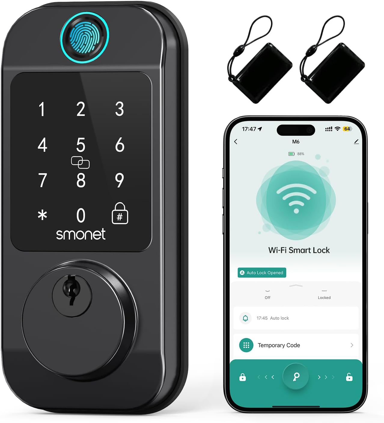 Wifi Keyless Front Door Lock: SMONET Fingerprint Entry Smart Locks, App Remote Control for Rental, Digital Keypad Bluetooth Deadbolt Lock with Alexa Auto Lock Notification Code Fob for Home, Black