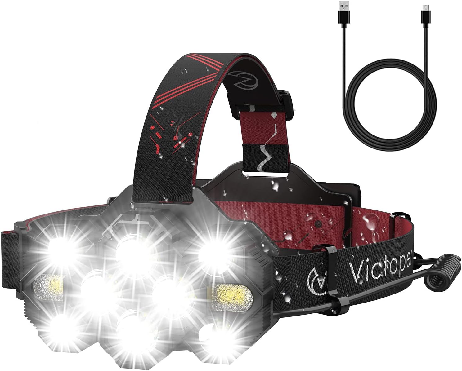 Victoper Headlamp Rechargeable, 22000 Lumens Super Bright 10 LED Head Lamp, 8+2 Mode Head Light with Red Light for Adult, Waterproof Head Flashlight for Outdoor Running, Hunting, Camping, Red&Black