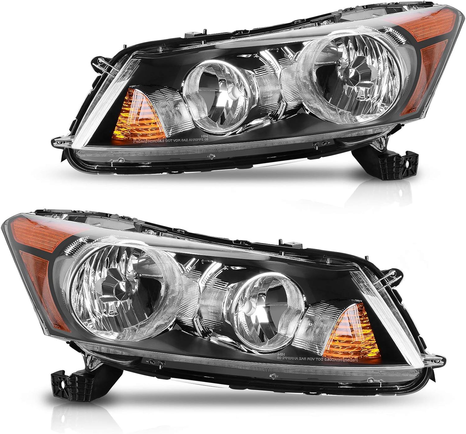 DWVO Headlight Assembly Compatible with 08-12 2008 2009 2010 2011 2012 Accord 4-Door Sedan Headlamps Black Housing Clear Lens Amber Reflector