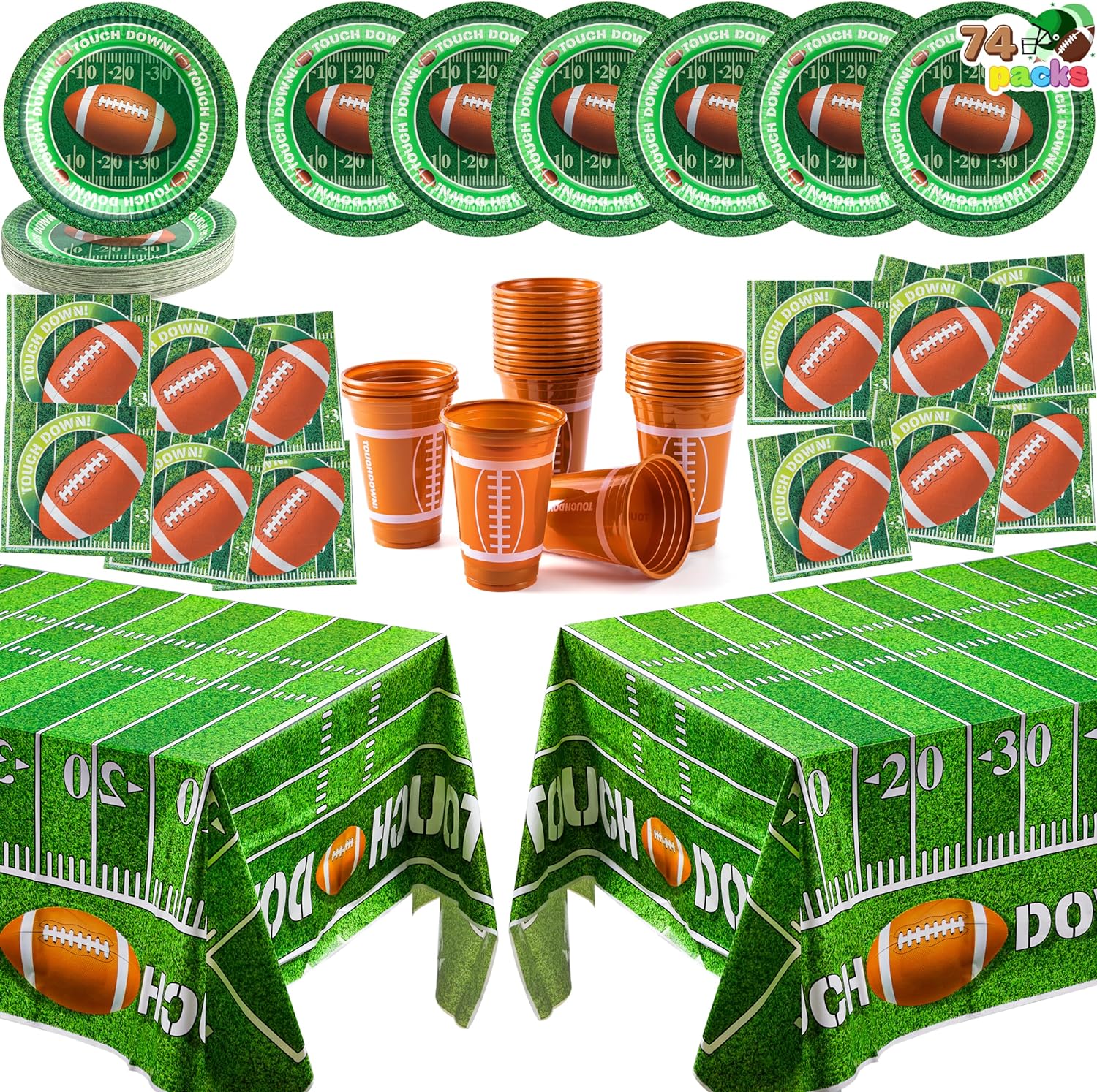 JOYIN+74+PCS+Football+Game+Day+Party+Supplies+Pack-18+Football+Themed+Cups%2c+18+Plates%2c+36+Napkins+and+2+Tablecloths+Football+Tableware+Party+Decorations