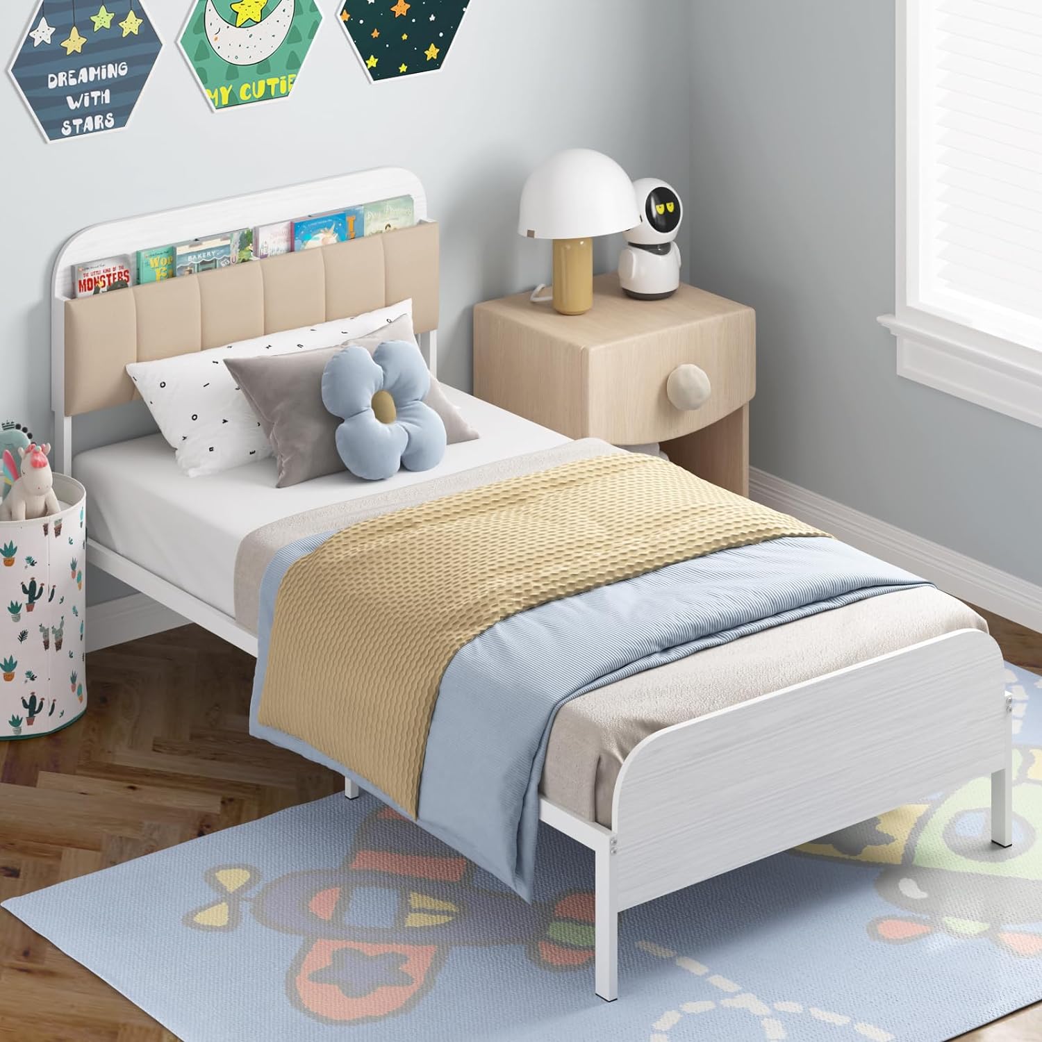 Timy+Kids+Twin+Bed+Frame+with+Bookcase+Headboard%2c+Metal+Platform+Bed+Frame+with+Upholstered+Headboard+for+Boys+Girls+Teens+Adults%2c+No+Box+Spring+Needed%2c+White