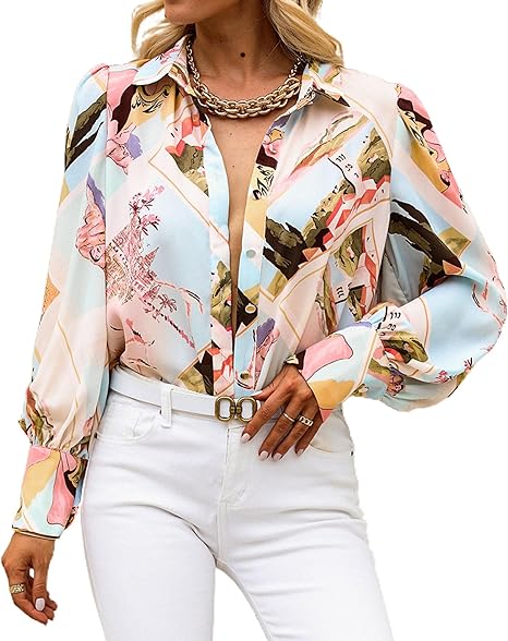 BTFBM Women Fashion Button Down Shirts Lapel V Neck Printed Boho Long Sleeve Blouses Dressy Casual Summer Spring Tops