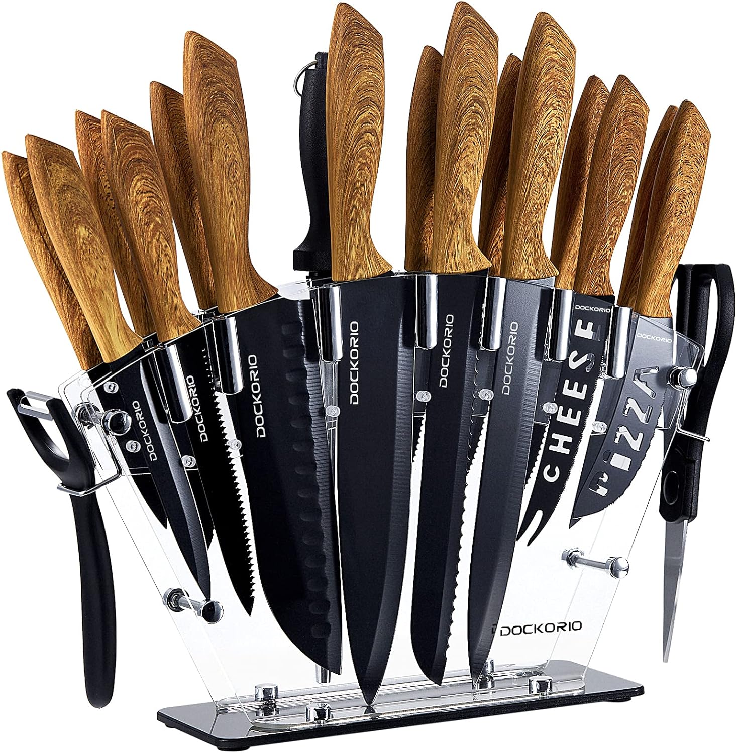 Dockorio Kitchen Knife Set with Block, all in one 19 PCS High Carbon Stainless Steel Sharp Serrated Steak Knives Set, Chef Knives, Bread Knife, Scissor, Sharpener