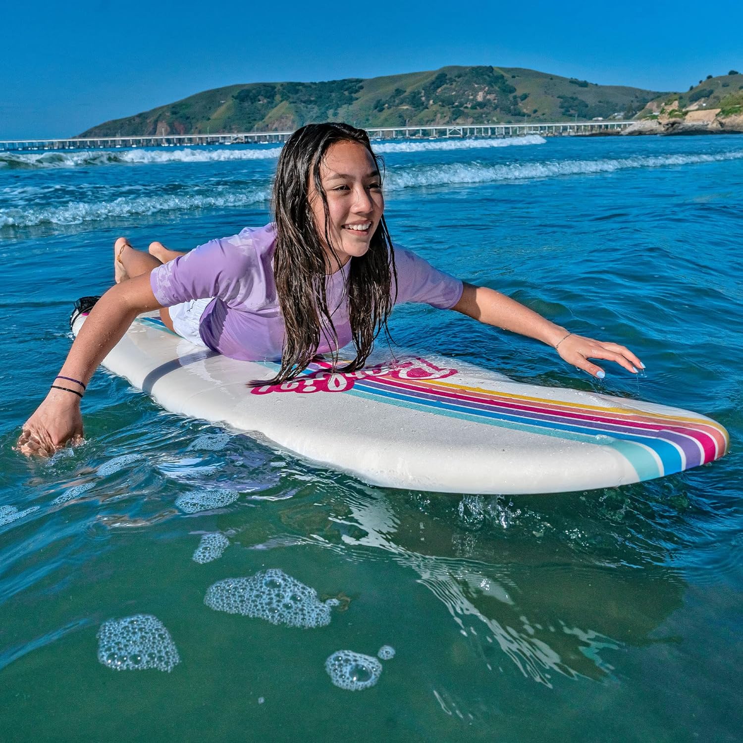 Barbie Signature 8ft Surfboard by Wavestorm | Graphic top Deck with high Density Slick Bottom | for Kids and Adults |Foam Construction with Accessories | Leg Leash and Fin Set Included,White