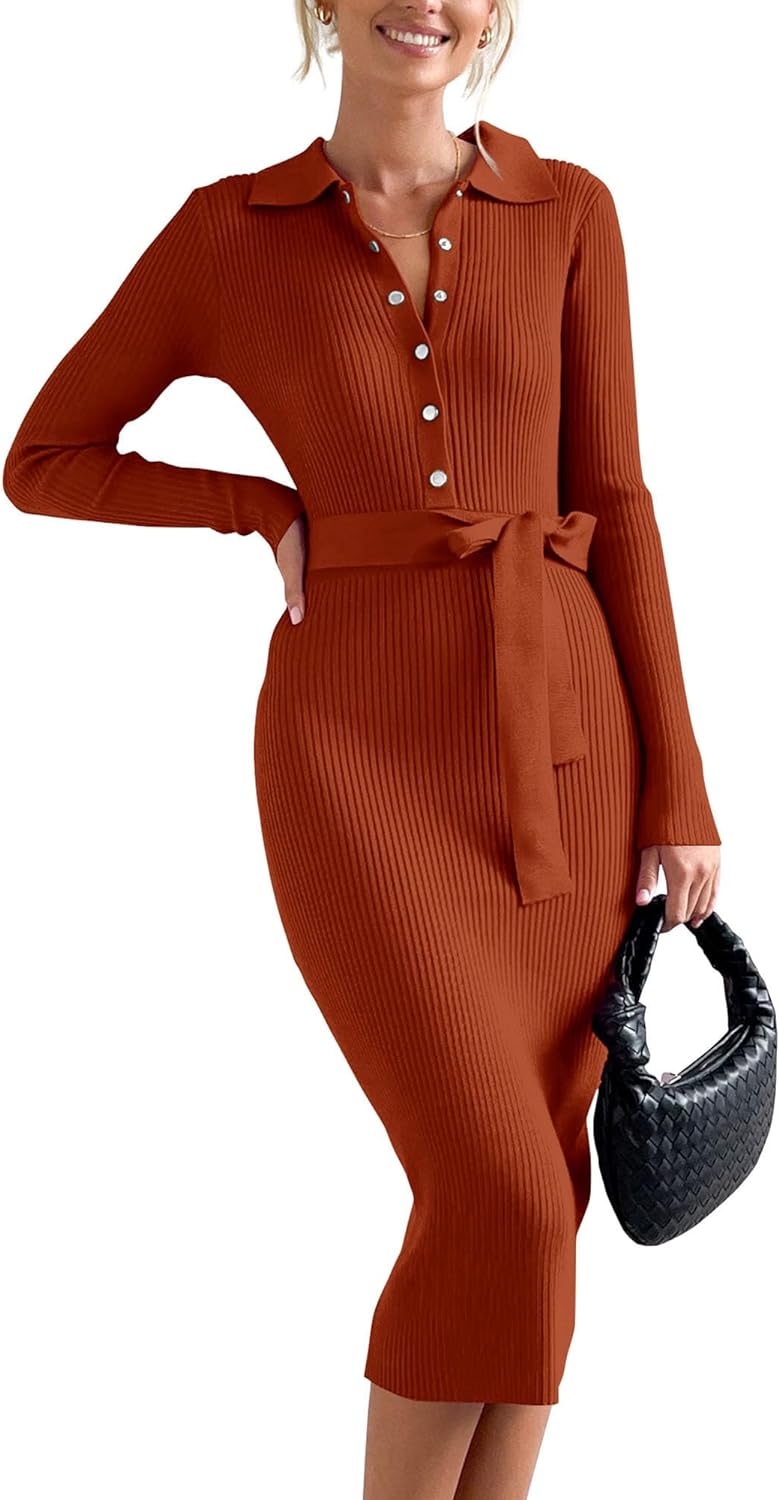 BTFBM 2024 Women V Neck Long Sleeve Bodycon Sweater Dress Button Up Tie Waist Ribbed Knit Midi Pencil Dresses with Belt