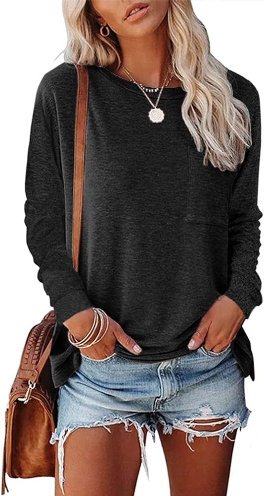 YESNO Women Casual Loose Long Sleeve Shirts Crewneck Solid Tops Pullover Sweatshirts with Pocket TY2